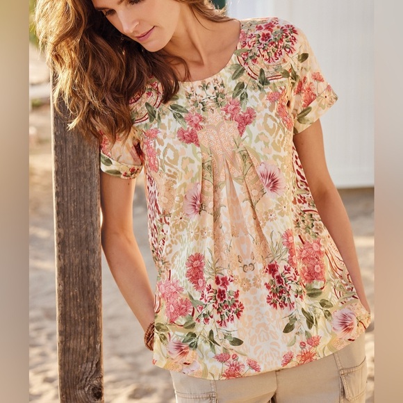 Soft Surroundings Cusabo Top Floral Print Short Sleeve Soft Classic Medium Fall - Picture 1 of 9